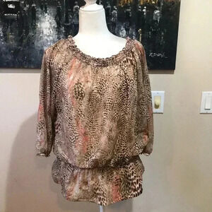 Dana Buchman Peplum Blouse Size XL Snake Print Lined 3/4 Sleeve Elastic Waist